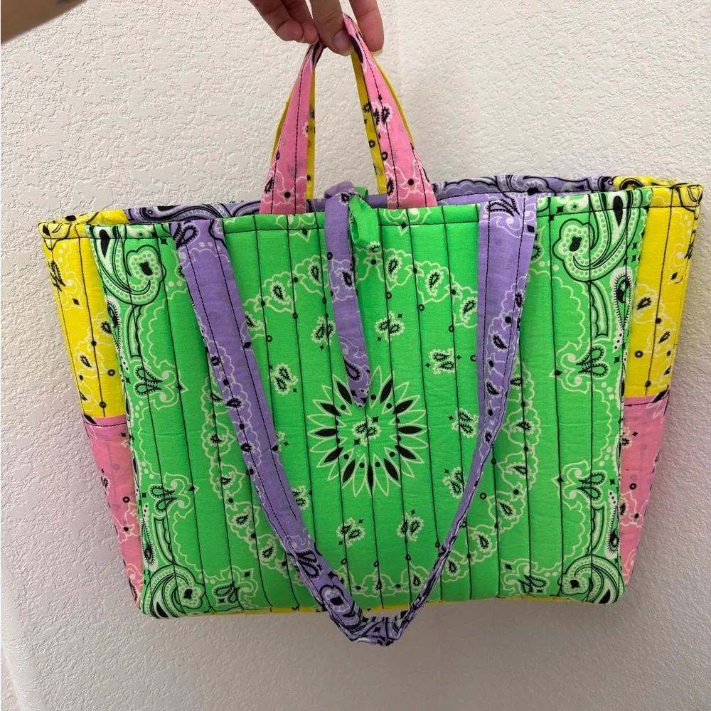 Colorblock Bandana Quilted Tote Bag - Green/Purple/Pink/Yellow